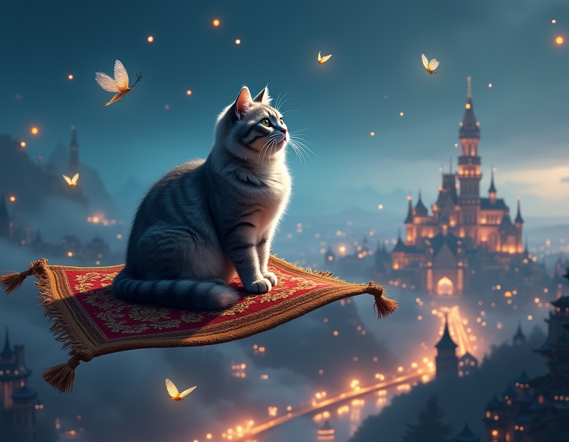 Cat sits on a flying carpet, soaring above a magical city illuminated by sparkling lights. The cat gazes at shimmering buildings and magical creatures floating around it