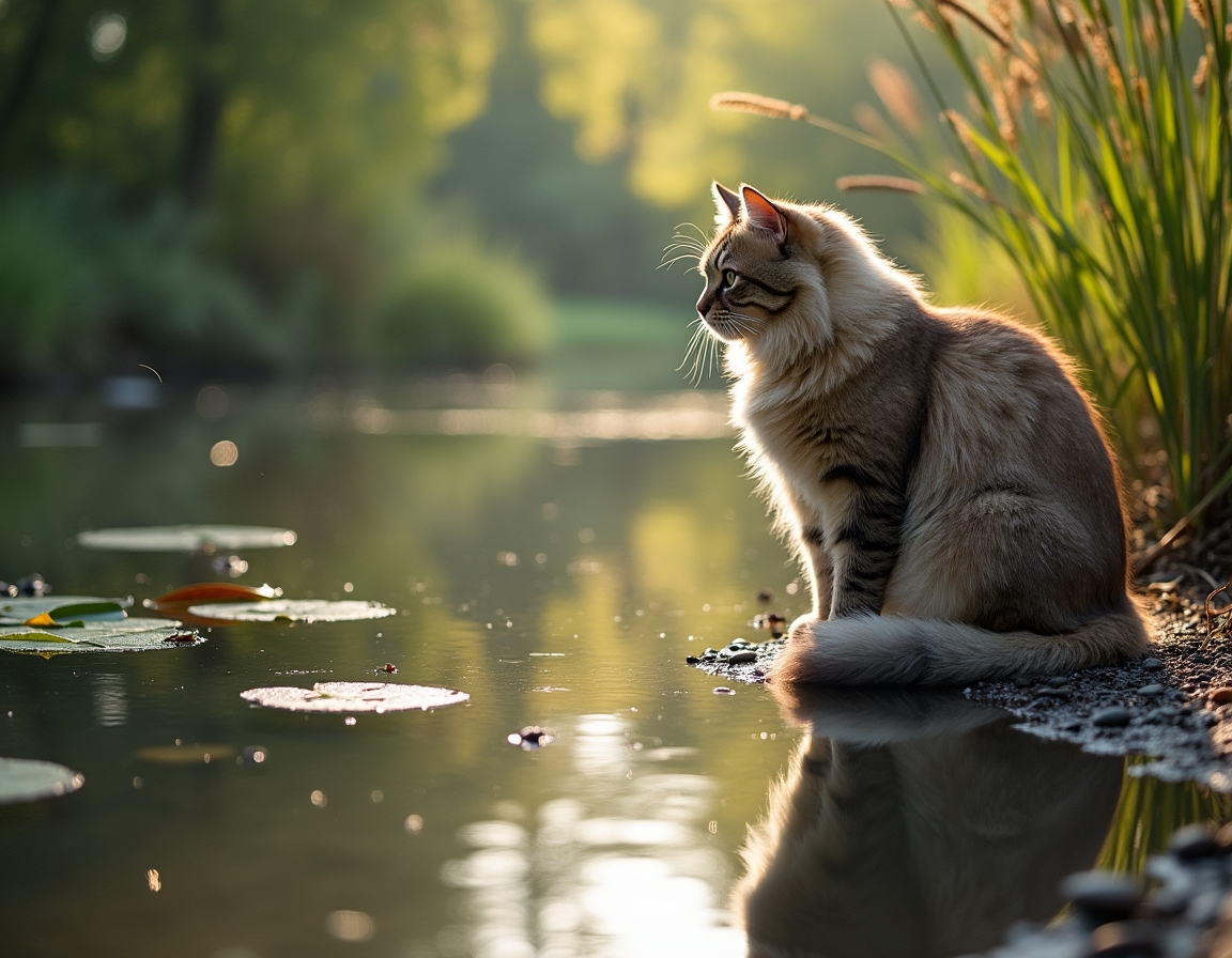 Cat observes a serene countryside pond, reflected in its still waters.