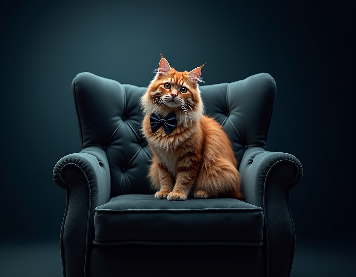 Photorealistic image of cat posed on a luxurious velvet chair in a studio. The backdrop is a deep navy blue with soft spotlighting that highlights the cat's fur and a sleek black bowtie, giving the scene a sophisticated, formal atmosphere.