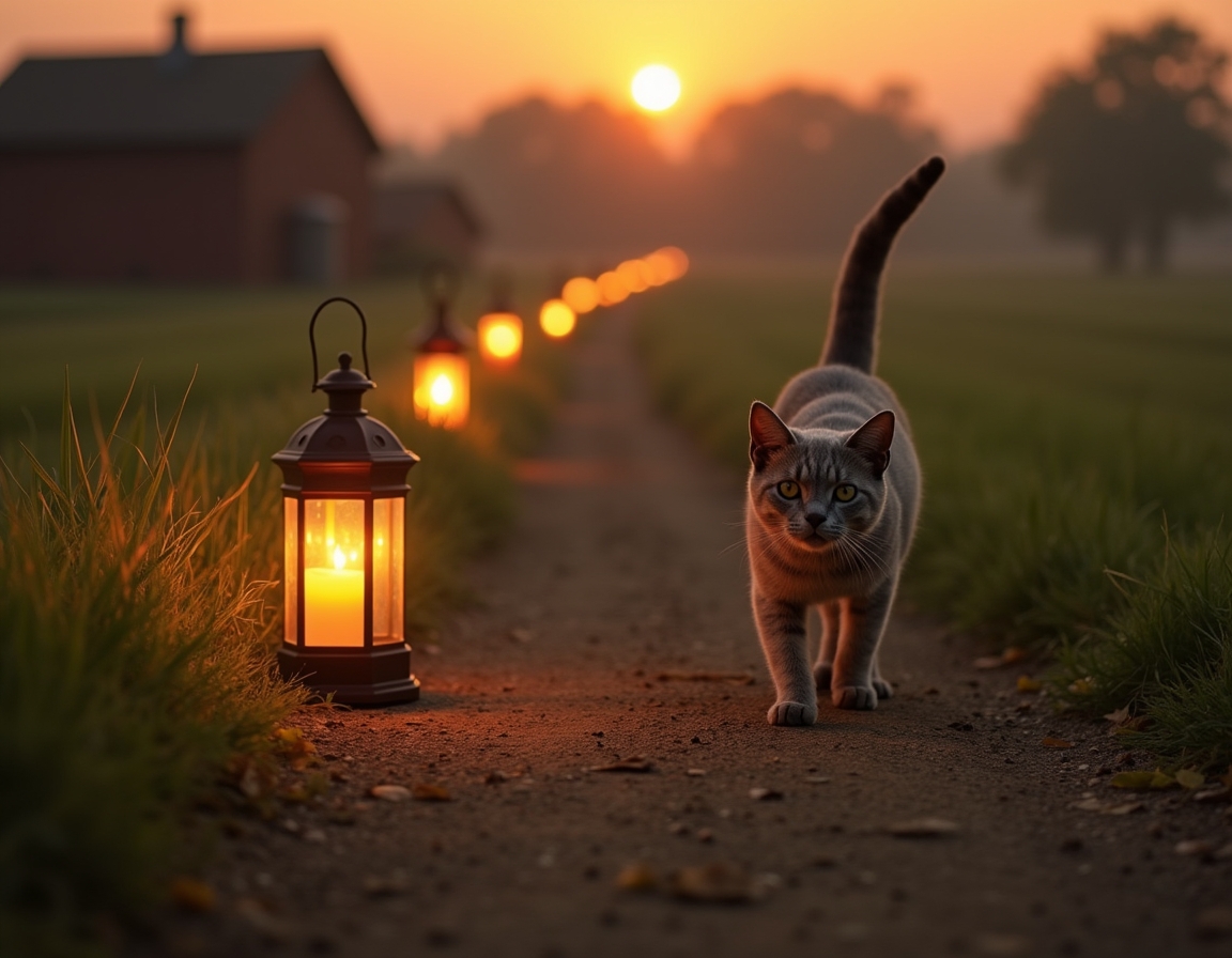 Cat enjoys a quiet walk along a farm path, illuminated by the soft glow of evening lanterns.