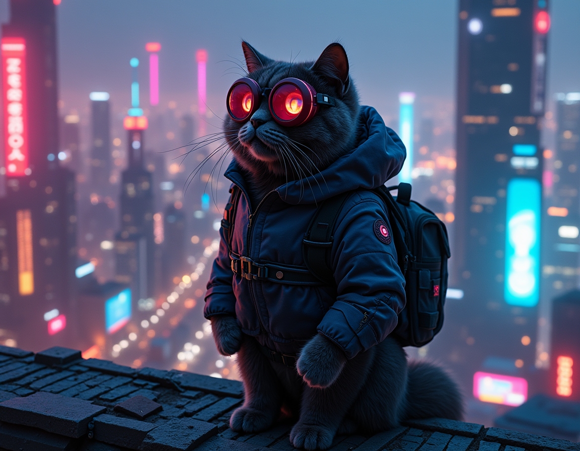 Cat stands on a futuristic skyscraper rooftop, wearing glowing cybernetic goggles. A neon-lit cityscape with flying cars and holograms stretches below.
