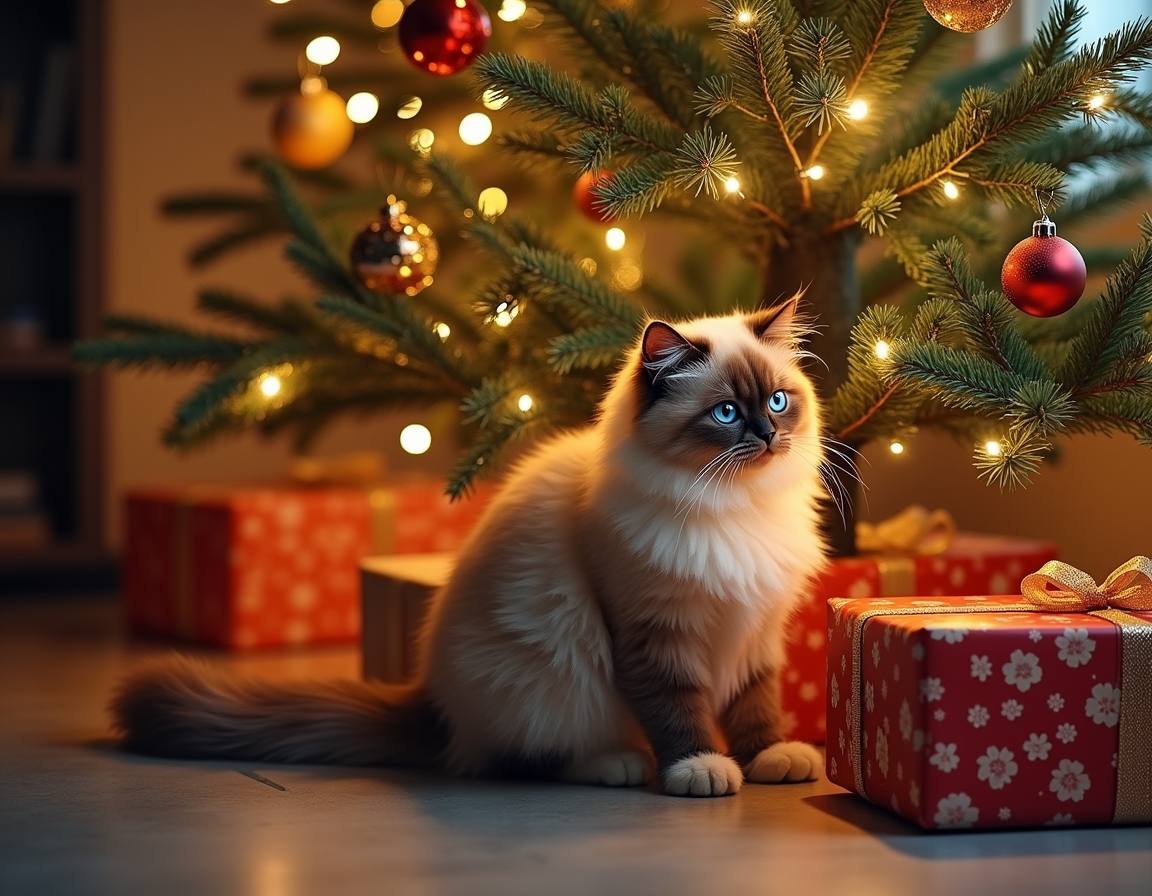 Cat sitting under a beautifully decorated Christmas tree, surrounded by twinkling lights, ornaments, and wrapped presents, with a warm, cozy glow.