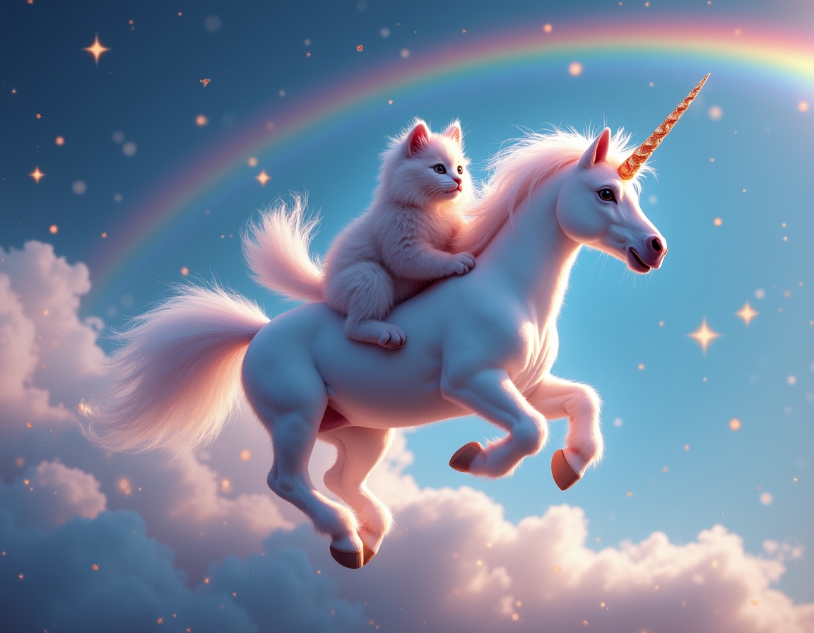 Cat rides a magical unicorn galloping across a rainbow, surrounded by glittering stars and fluffy clouds. The unicorn’s glowing horn creates a dreamy atmosphere.