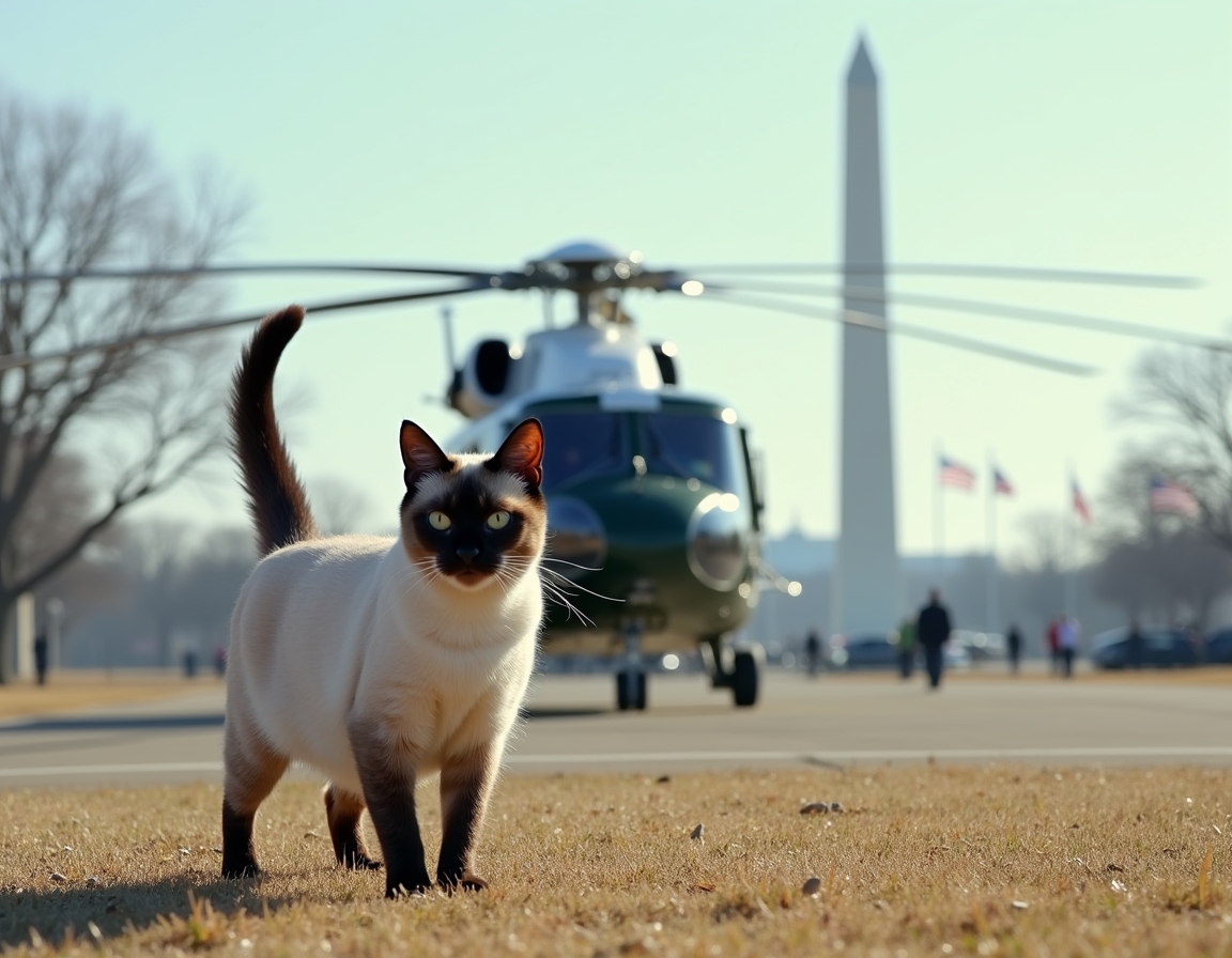 Cat braves the rotor wash beside Marine One, capturing a thrilling presidential travel send-off.