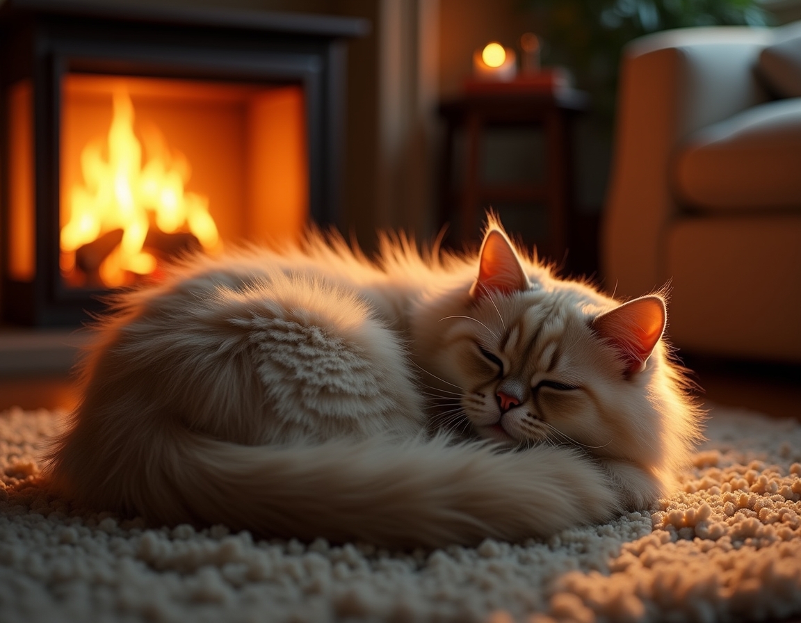 Cat is curled up on a plush rug in front of a glowing fireplace. Its fur glistens in the warm firelight, with cozy living room details like books and candles in the background.