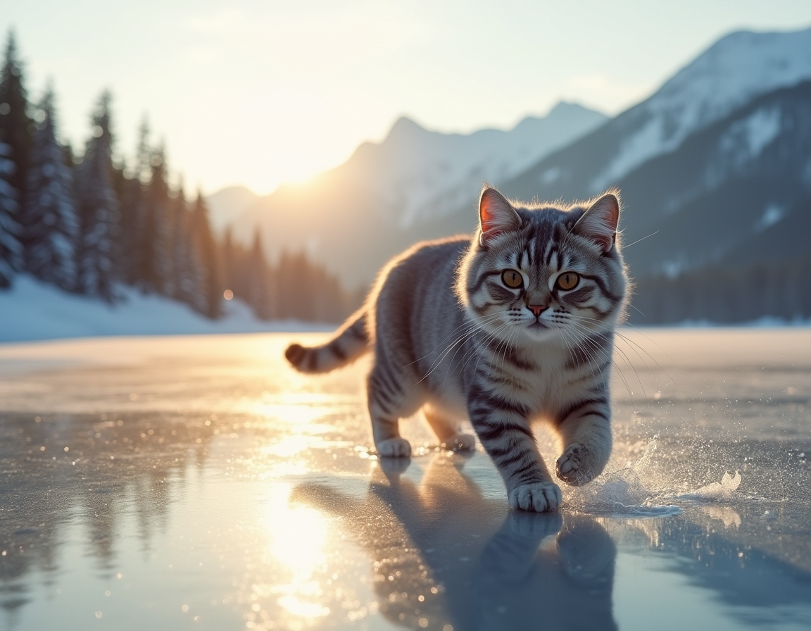 Cat enjoys a playful glide across a frozen lake, surrounded by snow-covered trees and distant mountains, with the soft glow of the setting sun reflecting off the ice.

