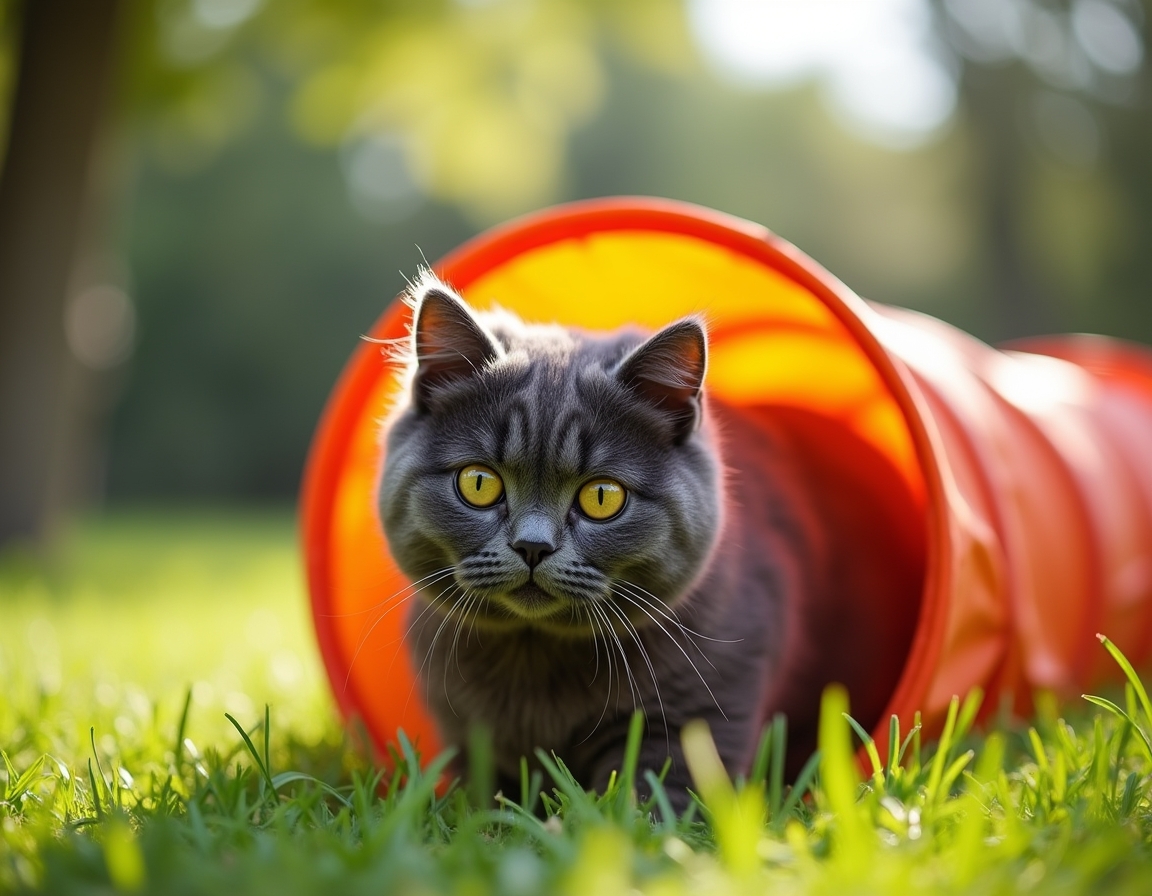 Cat explores a colorful play tunnel in a lively garden, its curious expression capturing the playful moment.