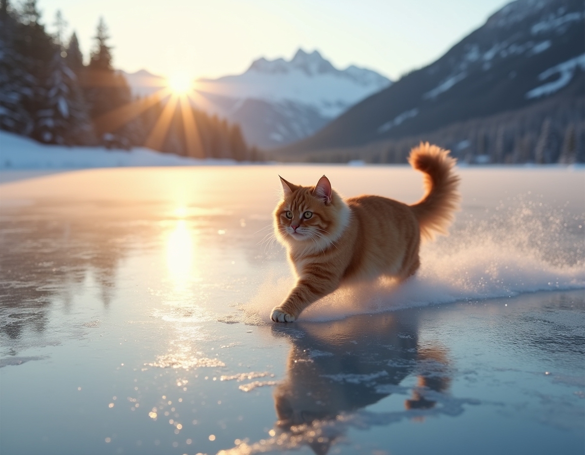 Cat enjoys a playful glide across a frozen lake, surrounded by snow-covered trees and distant mountains, with the soft glow of the setting sun reflecting off the ice.

