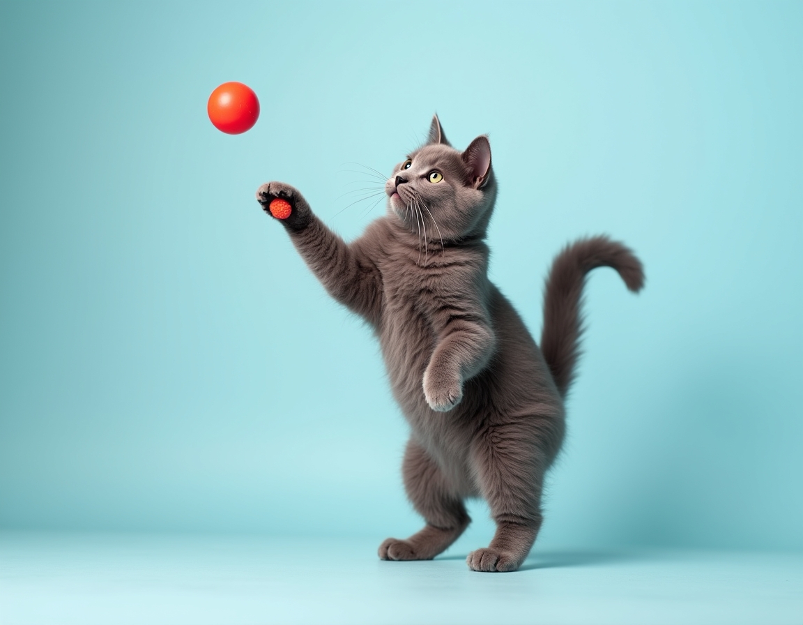 Playful studio photo of cat interacting with a bright red ball. The cat is mid-action with its paw raised, and the pastel blue background and balanced lighting create a cheerful, vibrant atmosphere that highlights the cat’s agility and energy.