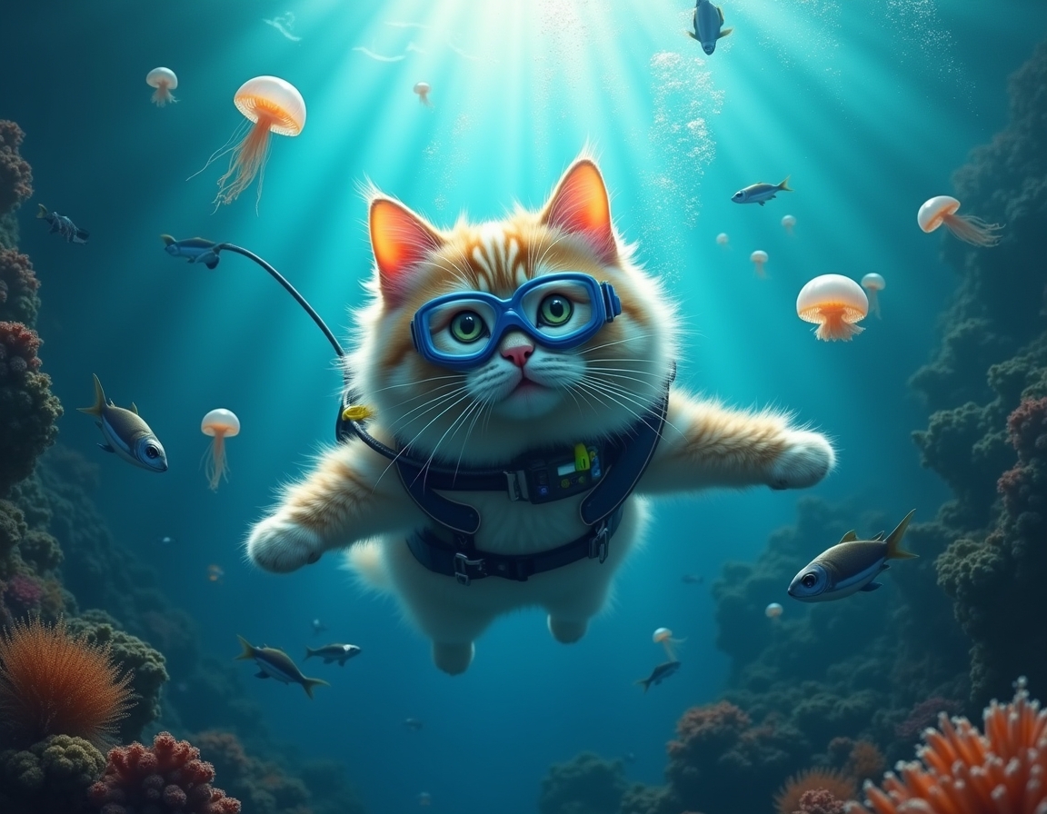 Cat in a wetsuit and diving mask swims through a vibrant underwater scene, surrounded by glowing jellyfish, colorful fish, and coral reefs illuminated by sunlight.