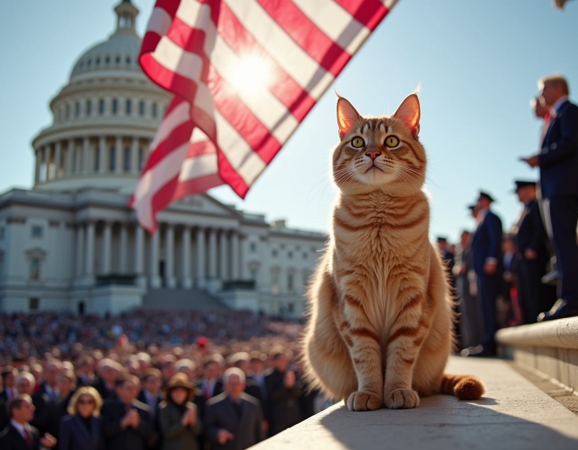 Cat on the Capitol steps during a historic inauguration, surrounded by flags and cheering crowds.