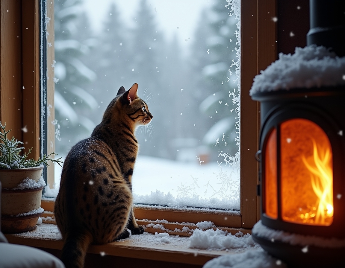 Cat looks out a frosted window at the snowy world outside, while the cozy warmth of the cabin and the glow of the fireplace create a peaceful, inviting atmosphere.