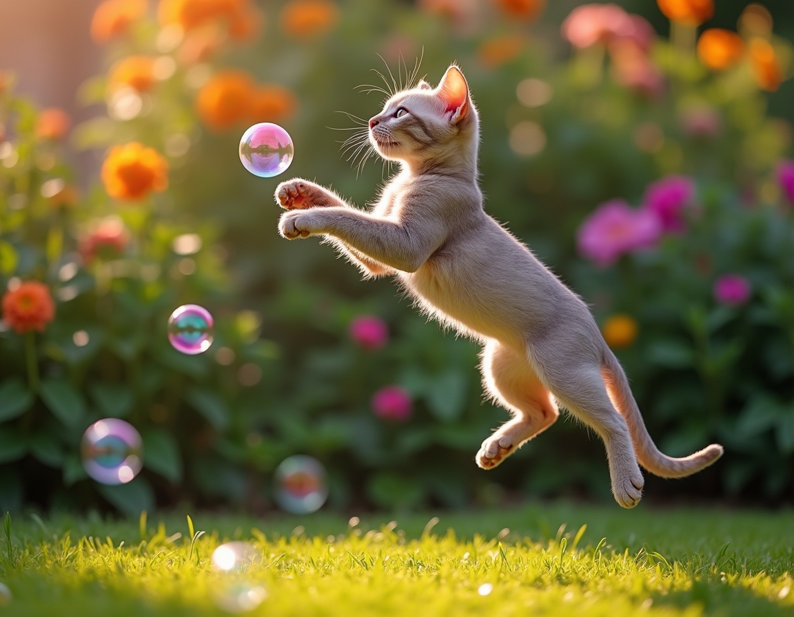 Cat leaps gracefully at a floating bubble, surrounded by a vibrant garden filled with flowers and greenery.