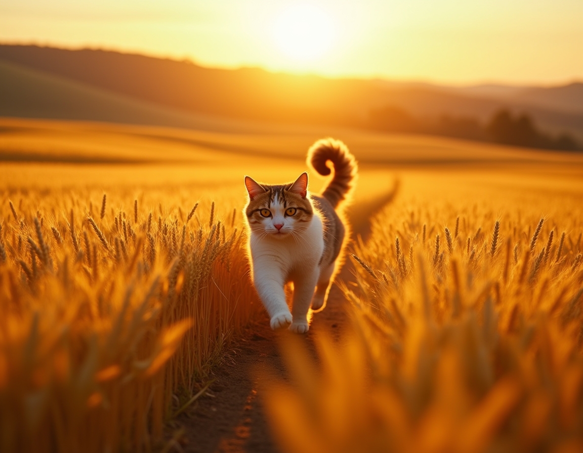 Cat sprints joyfully through a golden field, surrounded by waving wheat and warm light.