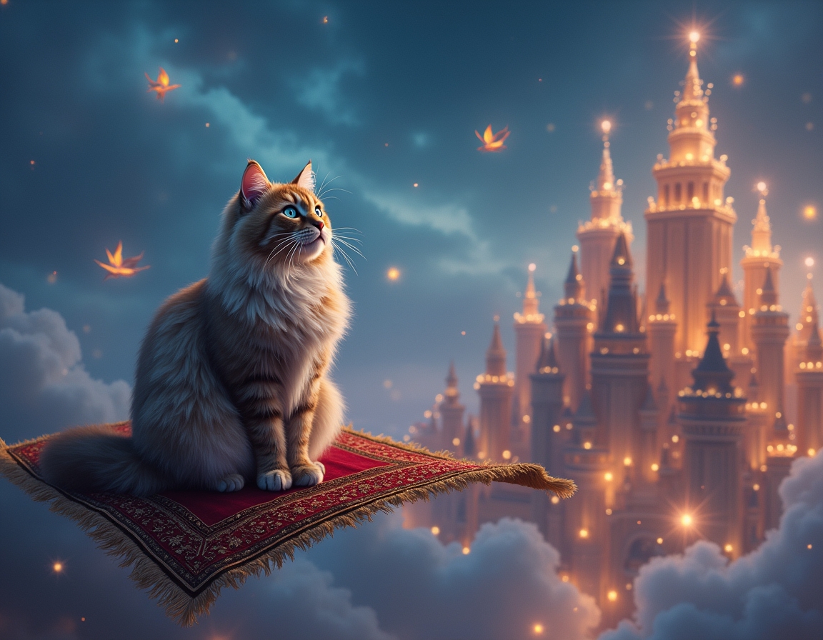 Cat sits on a flying carpet, soaring above a magical city illuminated by sparkling lights. The cat gazes at shimmering buildings and magical creatures floating around it