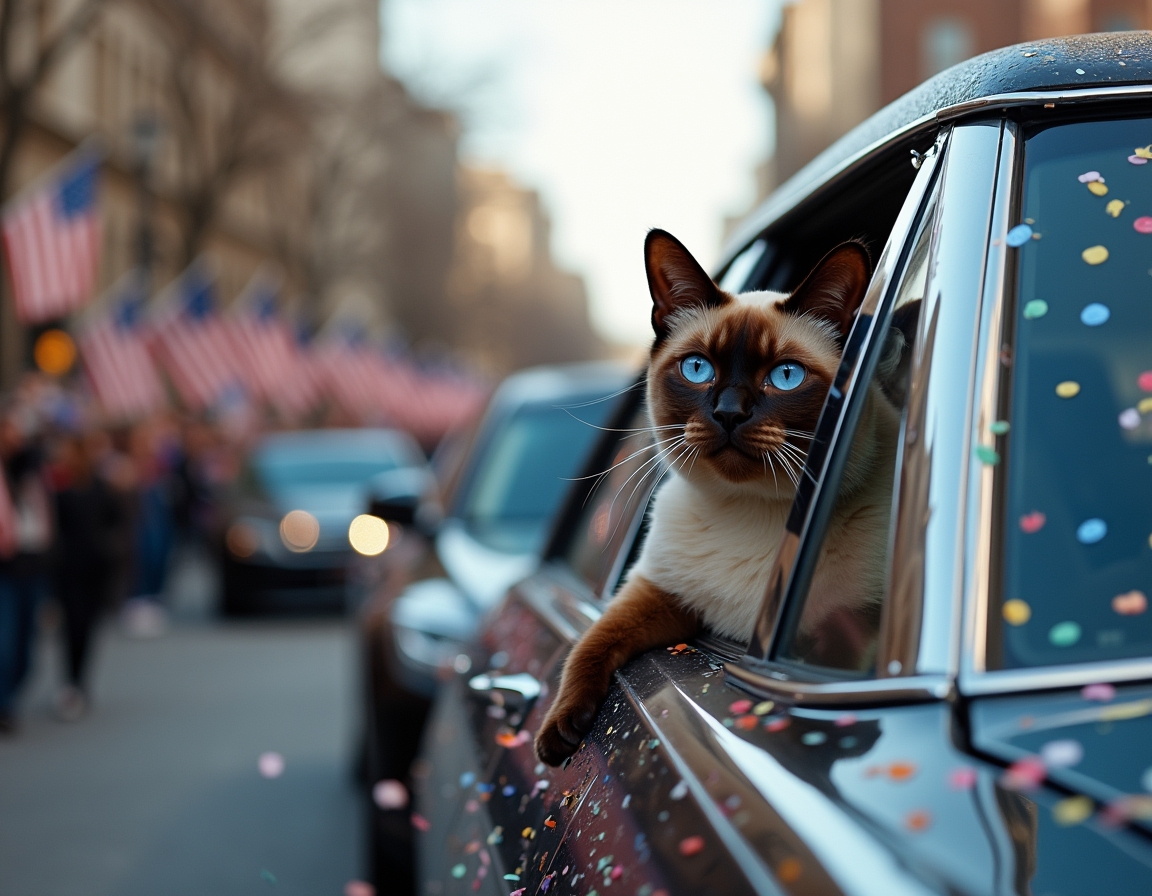 Cat in a celebratory motorcade, enjoying the confetti and cheering crowds during the inauguration parade.