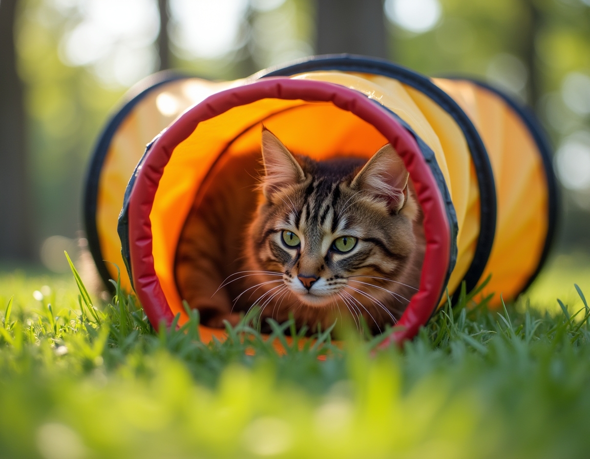 Cat explores a colorful play tunnel in a lively garden, its curious expression capturing the playful moment.