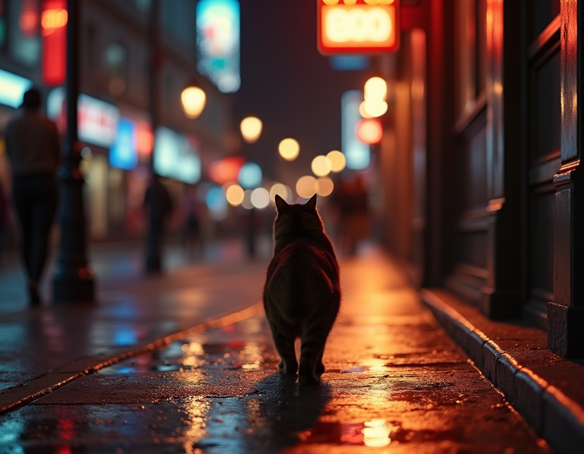 Cat walks through an illuminated cityscape, surrounded by vibrant lights and a serene vibe.