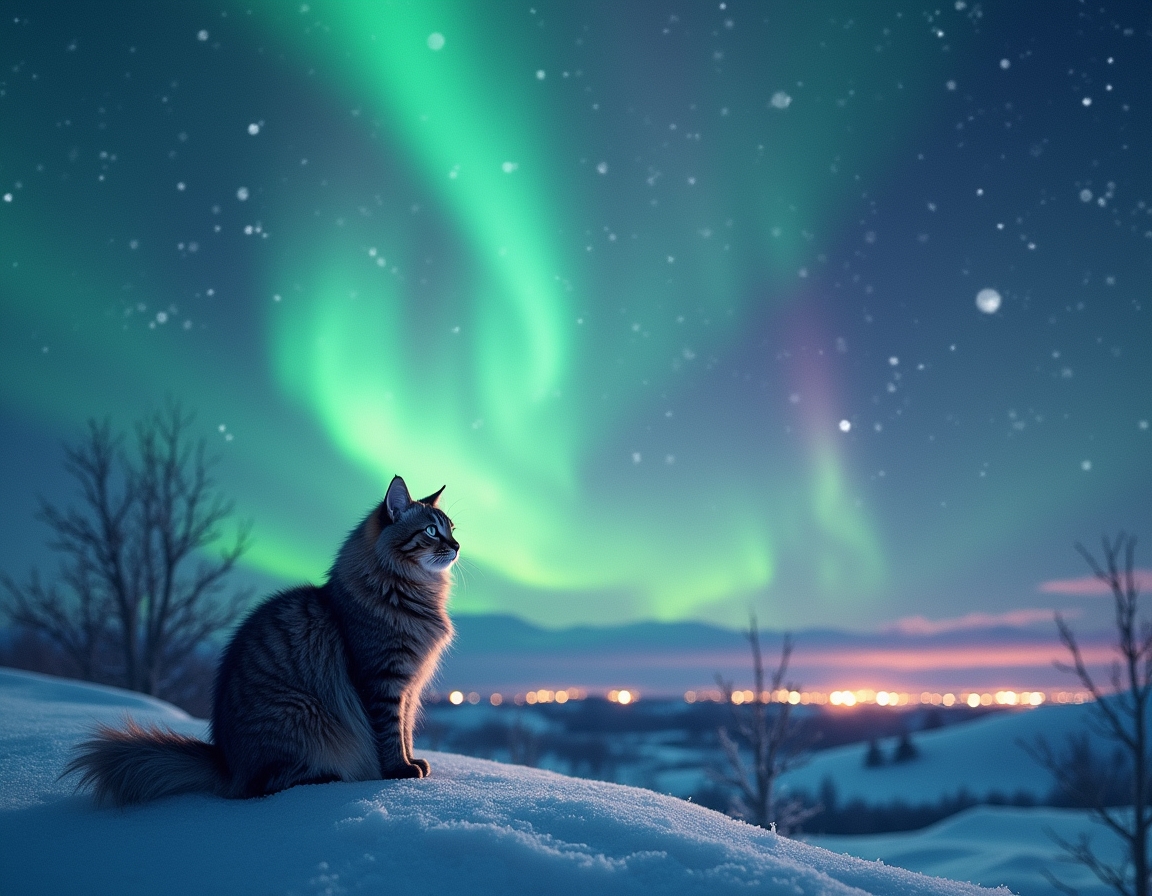 Cat watches in awe as the Northern Lights light up the night sky, casting vibrant colors across the snowy landscape, creating a surreal and magical winter adventure.