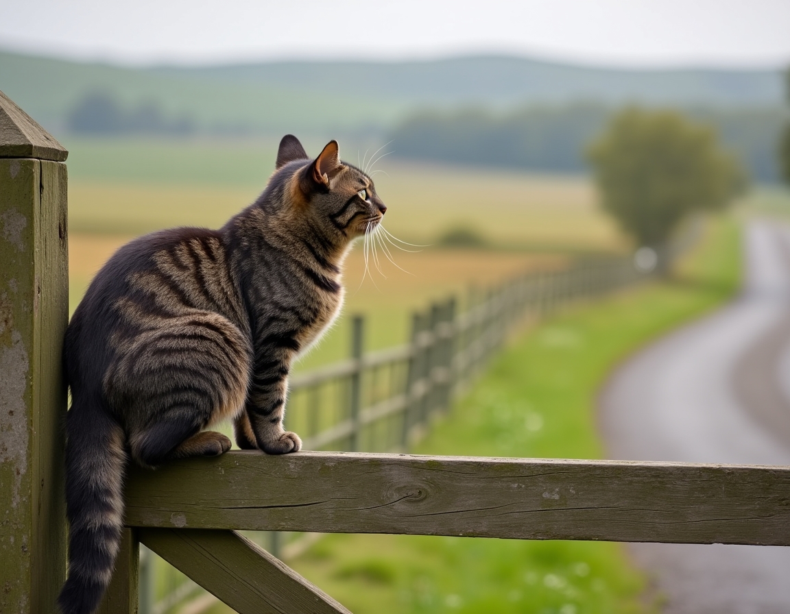 Cat gazes at the quiet beauty of a country road, framed by a weathered wooden gate.