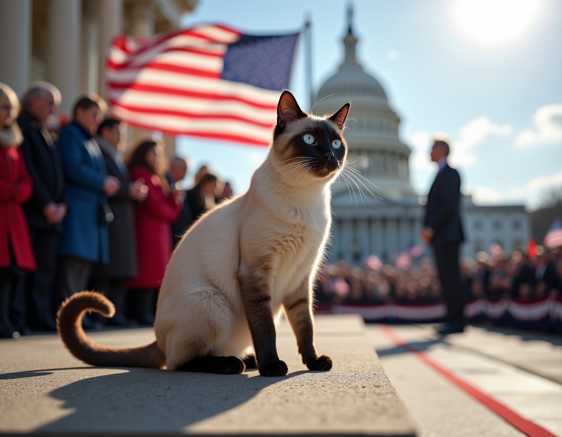 Cat on the Capitol steps during a historic inauguration, surrounded by flags and cheering crowds.