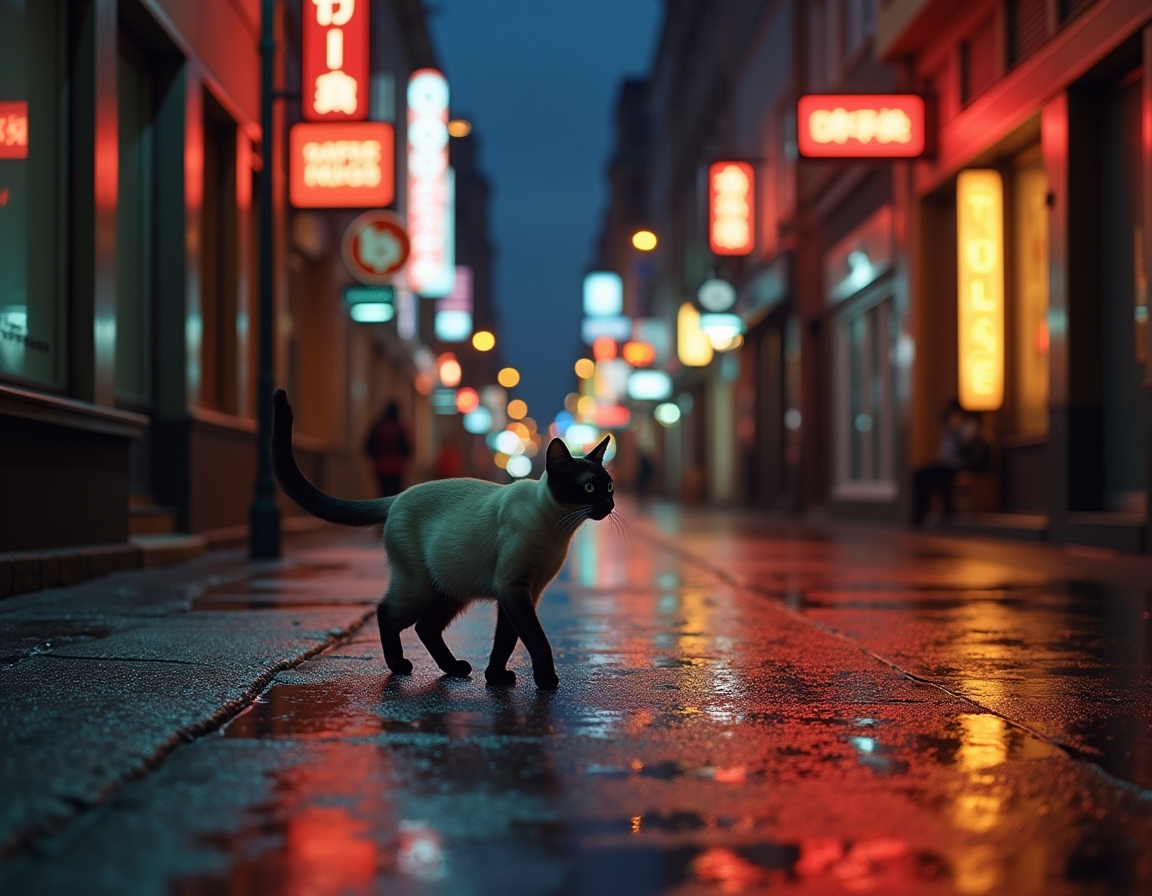 Cat walks through an illuminated cityscape, surrounded by vibrant lights and a serene vibe.