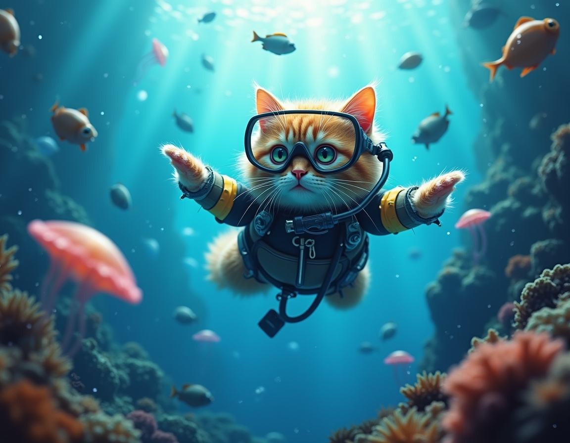 Cat in a wetsuit and diving mask swims through a vibrant underwater scene, surrounded by glowing jellyfish, colorful fish, and coral reefs illuminated by sunlight.