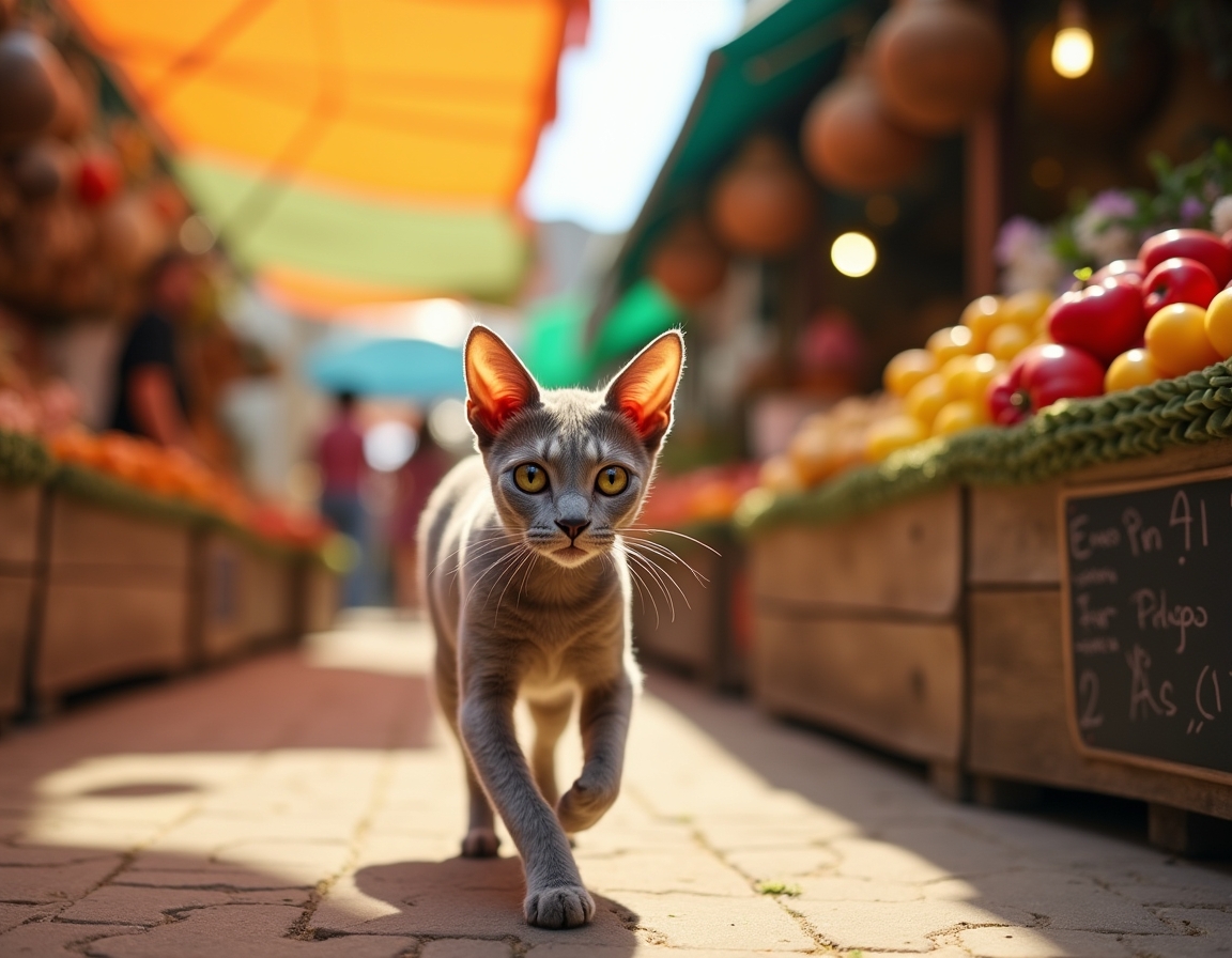 Cat wanders through a lively market, surrounded by fresh produce, baked goods, and aromas.