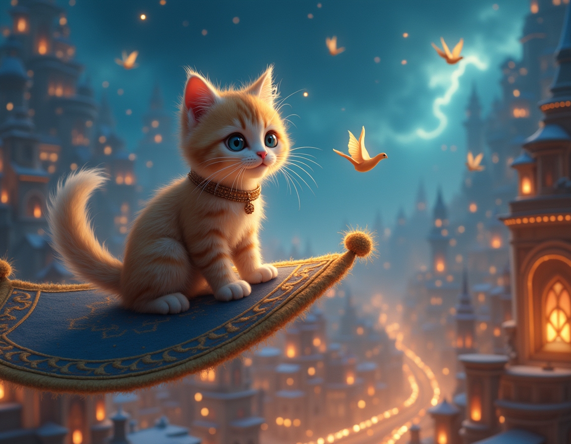 Cat sits on a flying carpet, soaring above a magical city illuminated by sparkling lights. The cat gazes at shimmering buildings and magical creatures floating around it