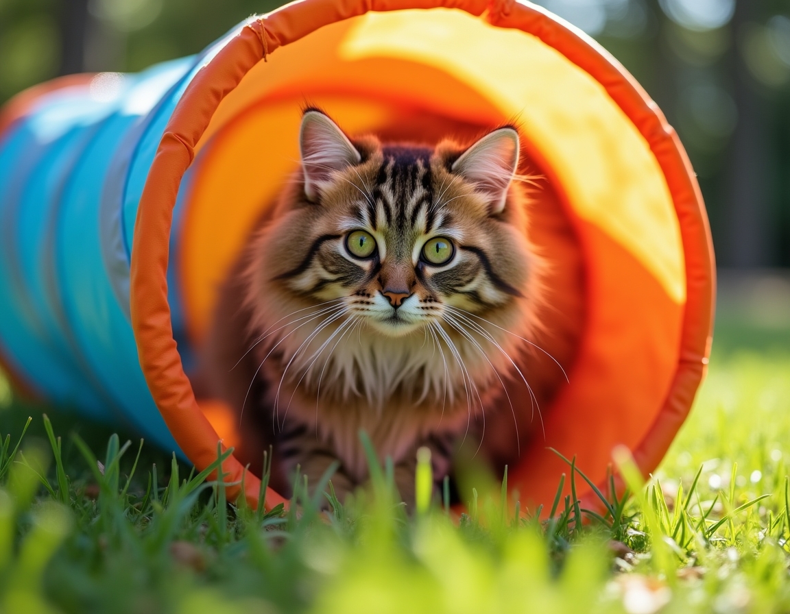 Cat explores a colorful play tunnel in a lively garden, its curious expression capturing the playful moment.