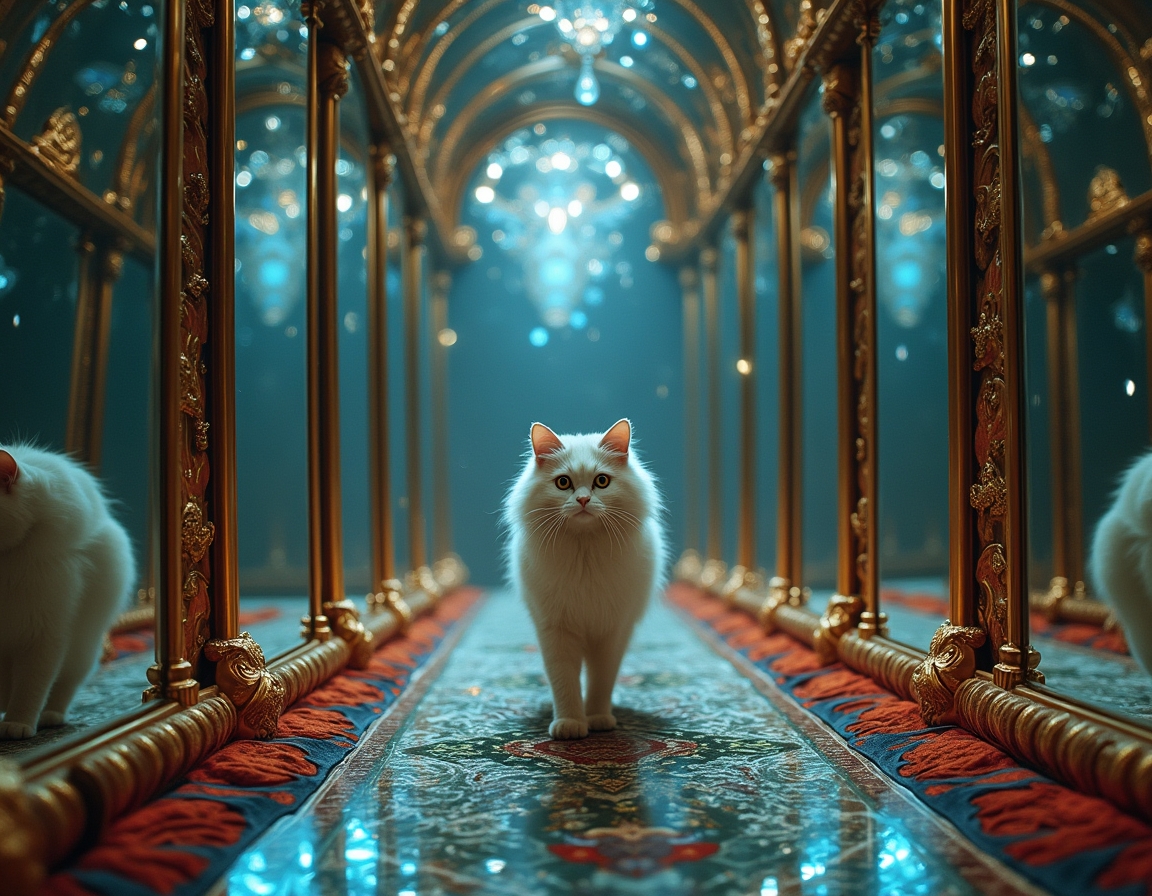 Cat navigates a maze where every surface is a magic-infused mirror, reflecting surreal visions and shifting illusions. Soft, colorful light accentuates each step, turning the labyrinth into a glittering puzzle filled with wonder and mystery.