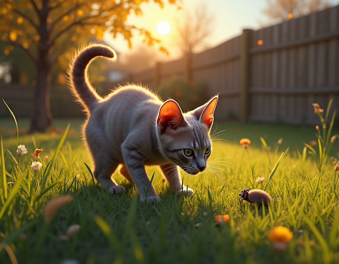 Cat crouches in tall grass, its sharp gaze fixed on a small insect nearby. The warm golden light of sunset and a wooden garden fence frame the scene.