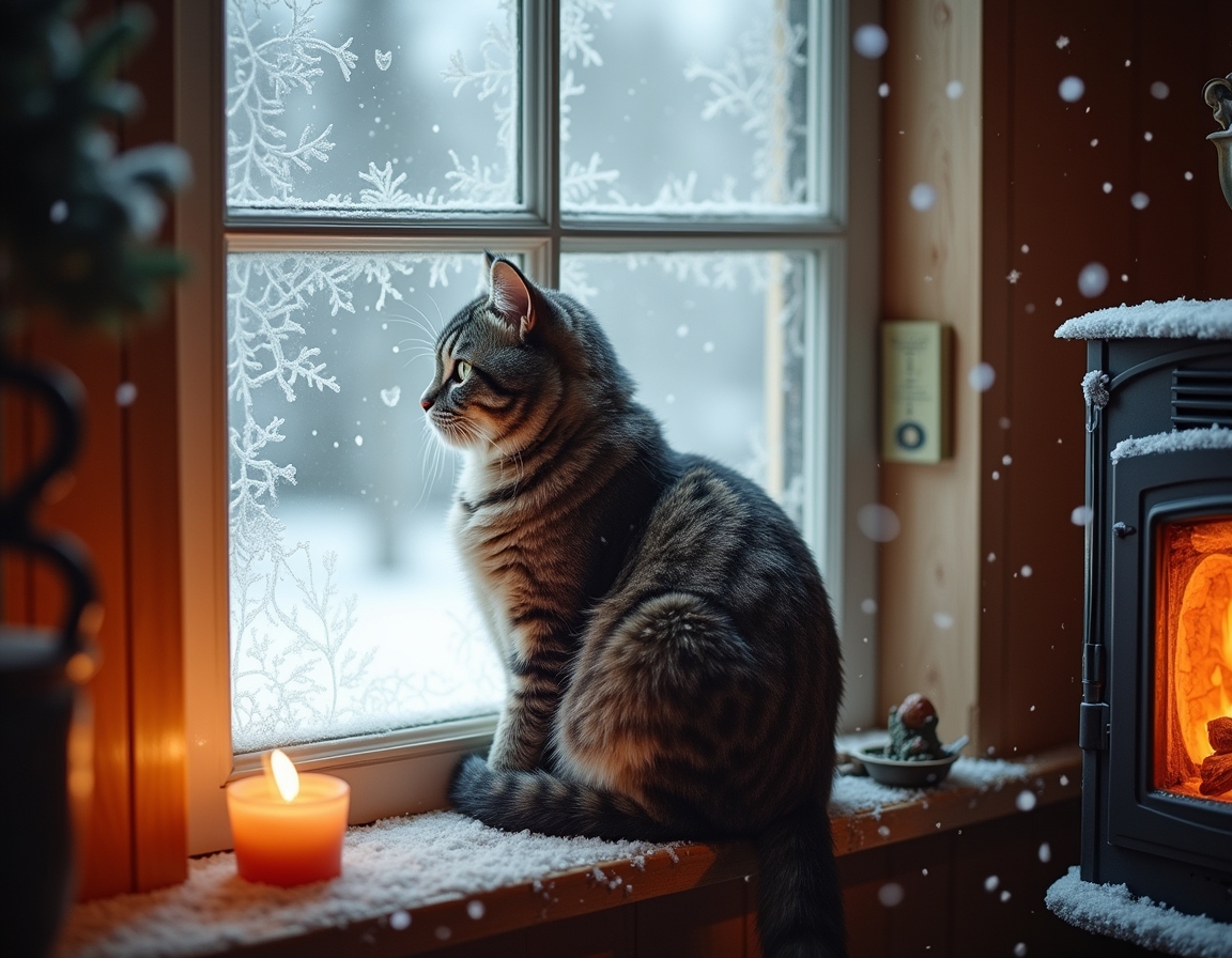 Cat looks out a frosted window at the snowy world outside, while the cozy warmth of the cabin and the glow of the fireplace create a peaceful, inviting atmosphere.
