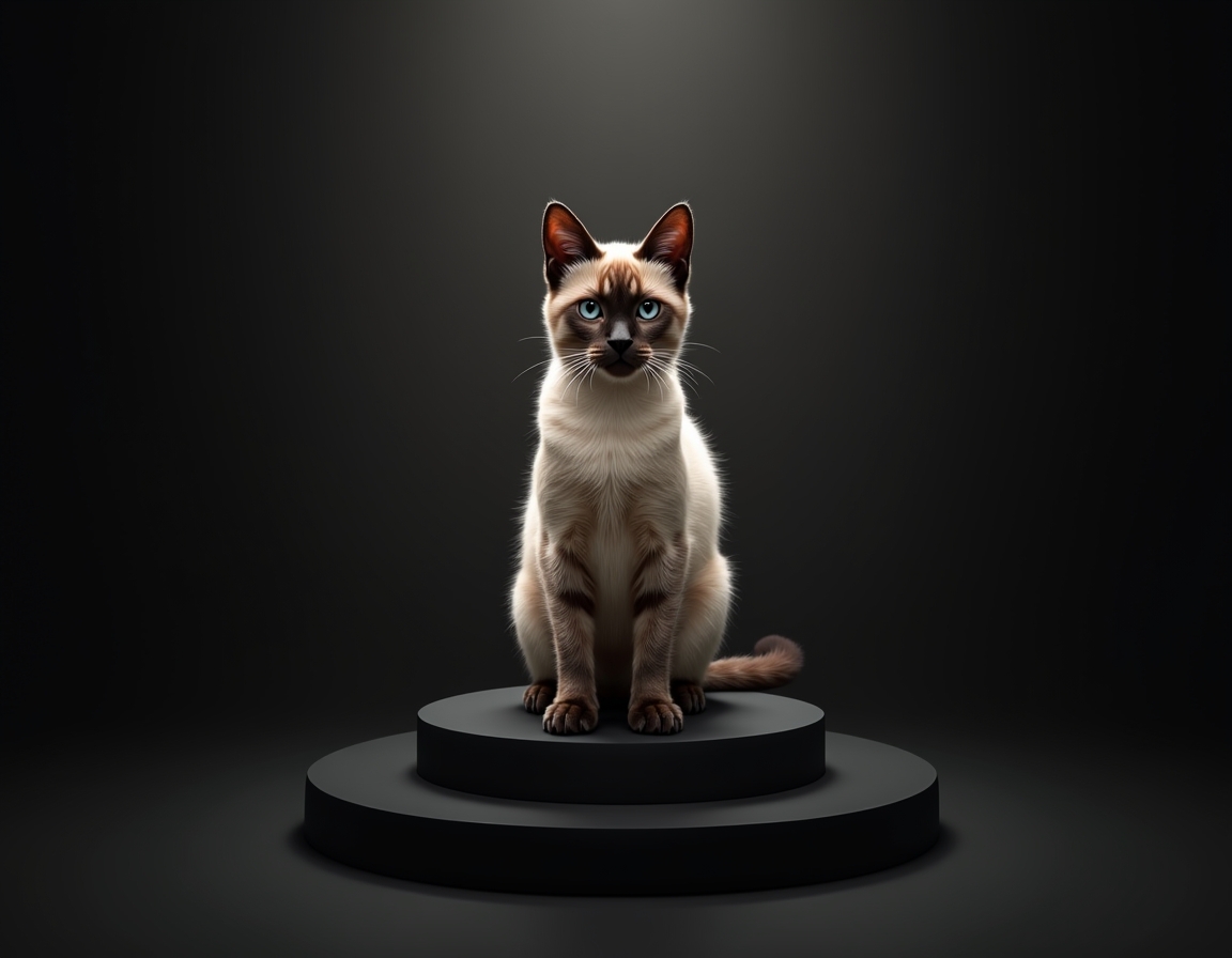 Photorealistic studio portrait of cat sitting elegantly on a black podium under a bright spotlight.