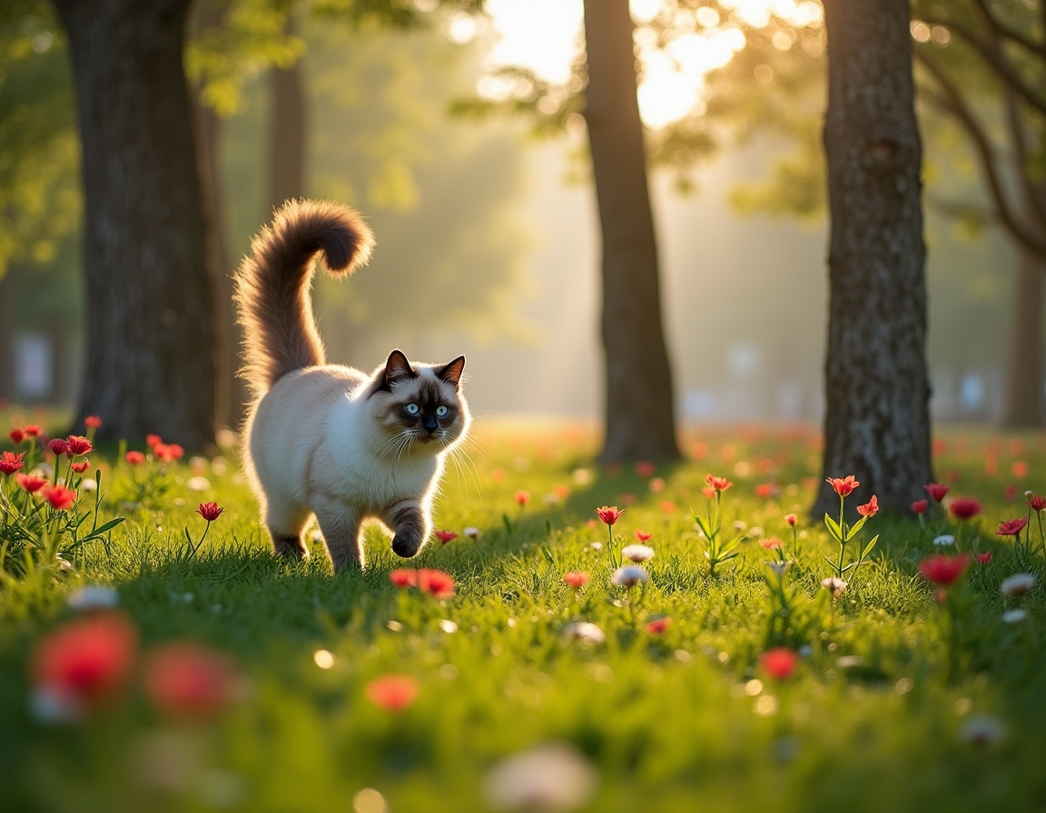 Cat enjoys a lively city park, playing and exploring the greenery amidst the urban backdrop.