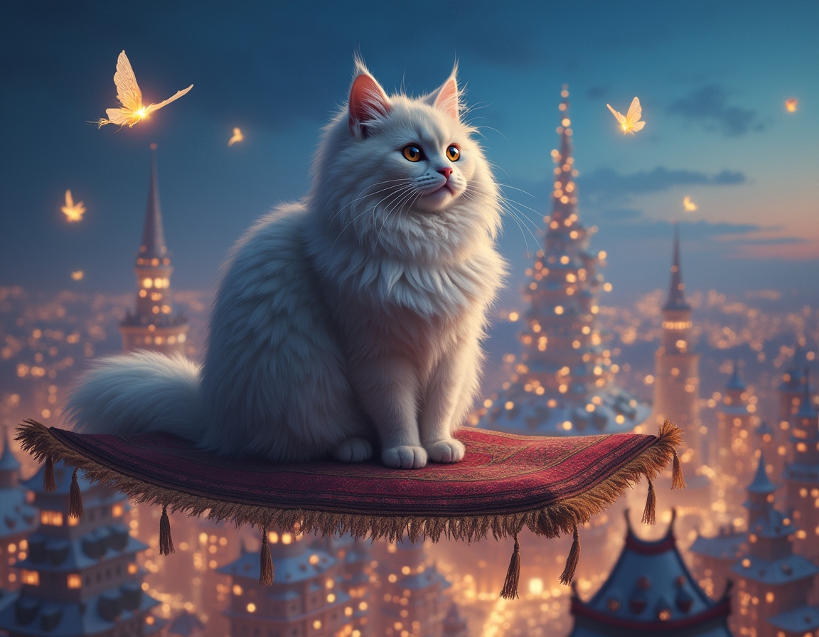 Cat sits on a flying carpet, soaring above a magical city illuminated by sparkling lights. The cat gazes at shimmering buildings and magical creatures floating around it