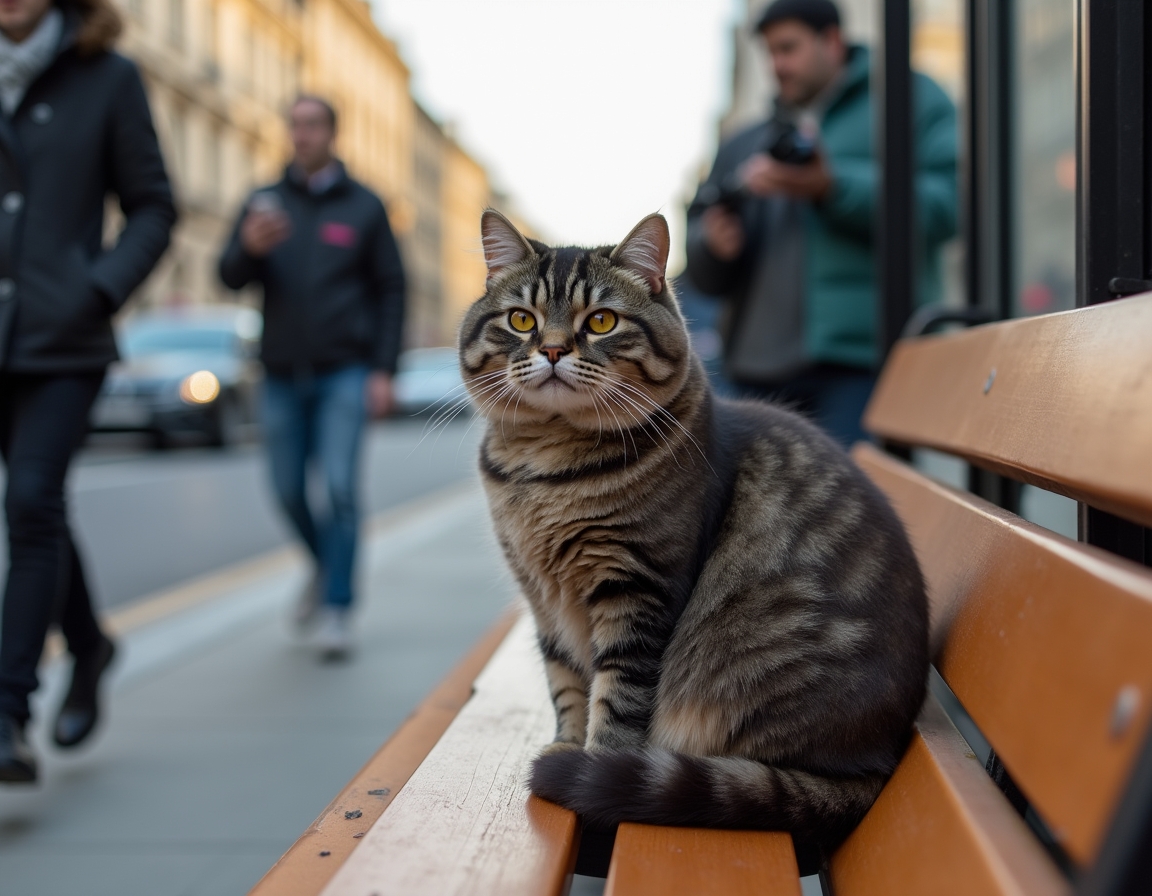 Cat observes the activity of a city bus stop, soaking in the energy of urban life.