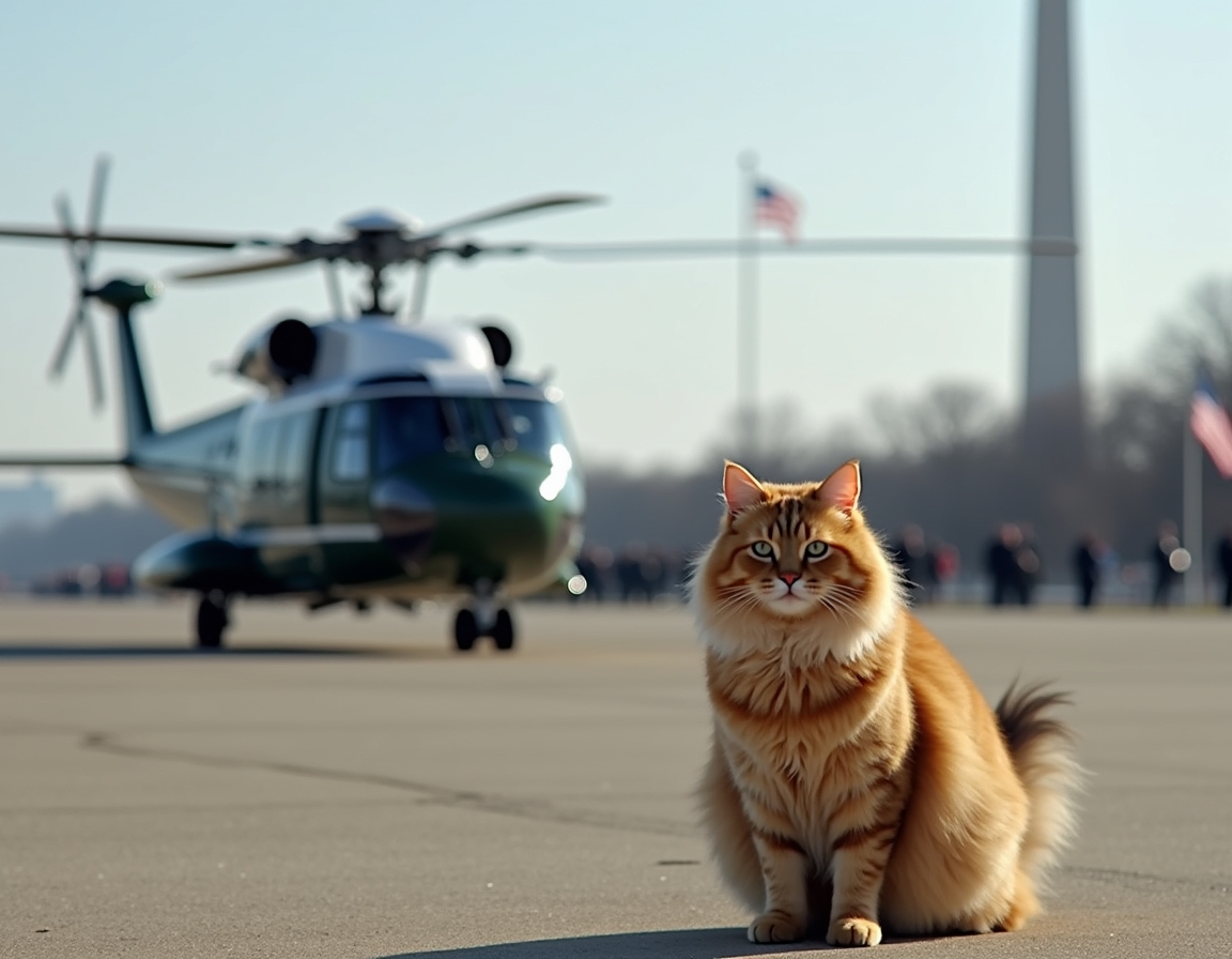 Cat braves the rotor wash beside Marine One, capturing a thrilling presidential travel send-off.