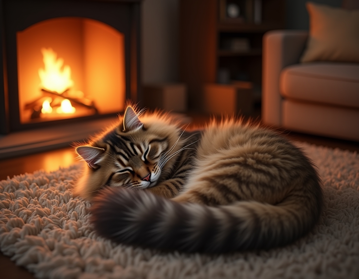 Cat is curled up on a plush rug in front of a glowing fireplace. Its fur glistens in the warm firelight, with cozy living room details like books and candles in the background.