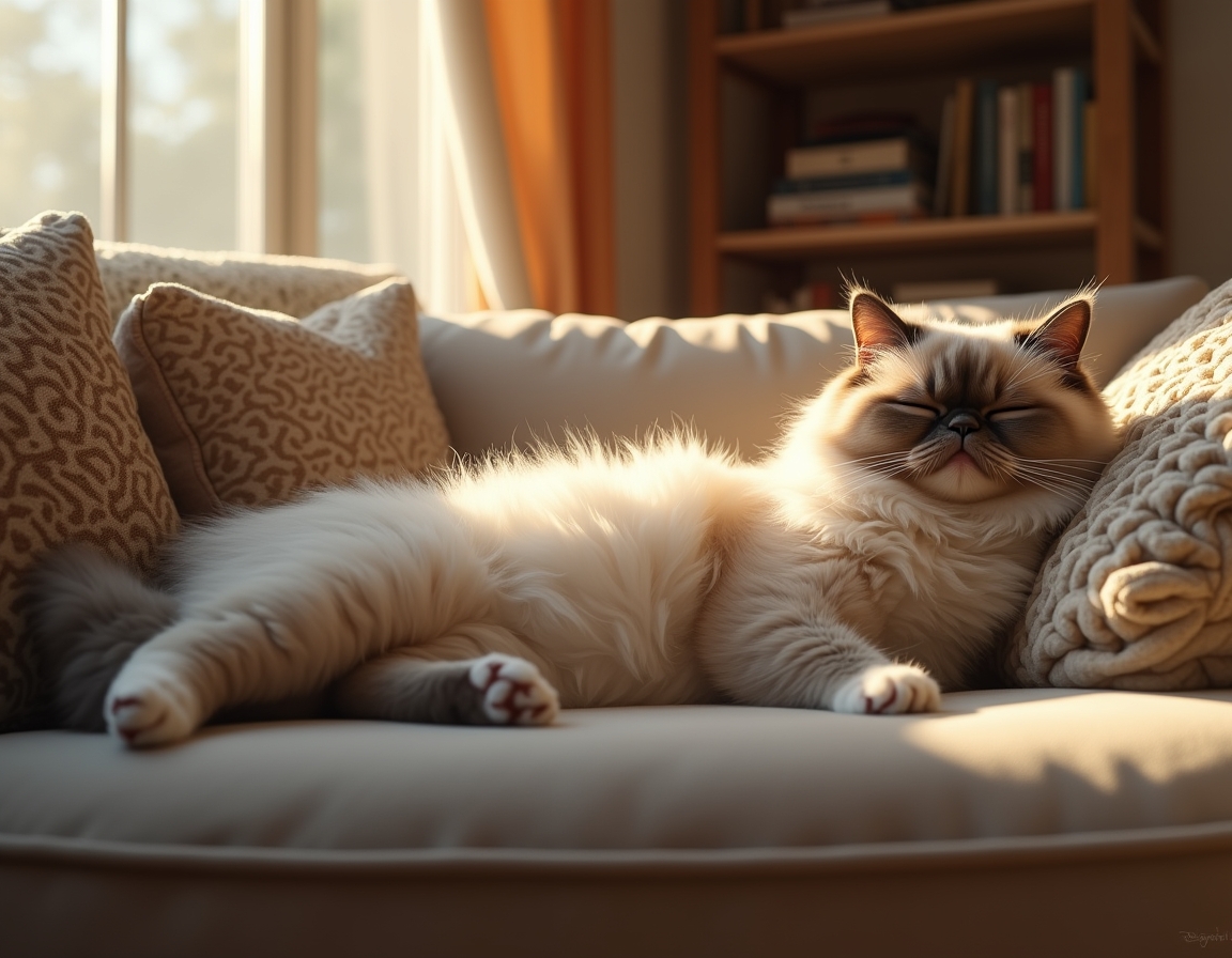 Cat sprawls lazily on a cozy couch, surrounded by decorative pillows and a draped blanket. Soft natural light from a window illuminates its fur, creating a calm, homely atmosphere.