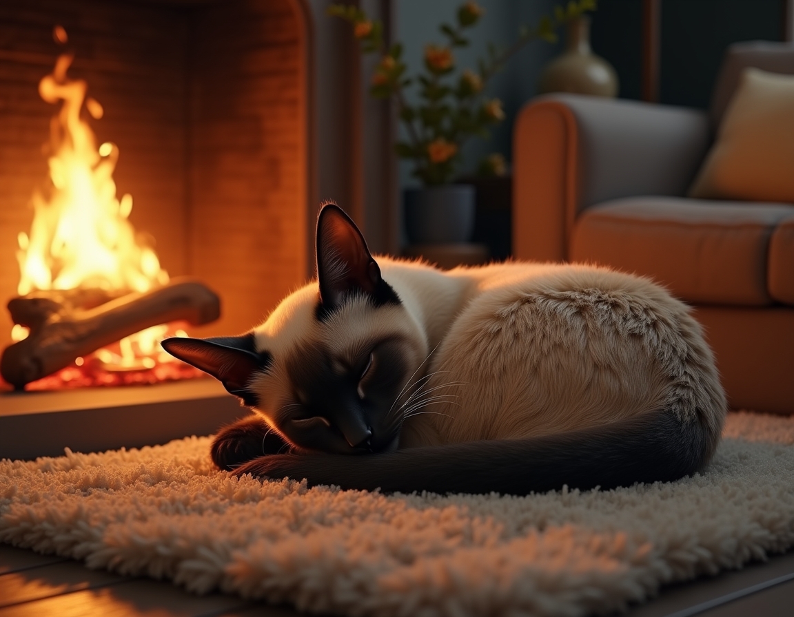Cat is curled up on a plush rug in front of a glowing fireplace. Its fur glistens in the warm firelight, with cozy living room details like books and candles in the background.