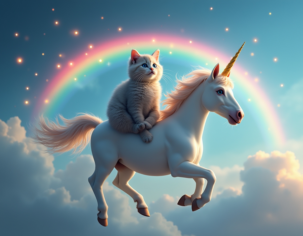 Cat rides a magical unicorn galloping across a rainbow, surrounded by glittering stars and fluffy clouds. The unicorn’s glowing horn creates a dreamy atmosphere.