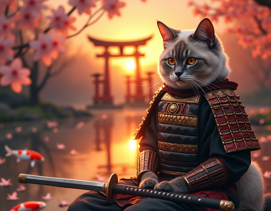Cat dressed in ornate samurai armor sits in a serene Japanese garden at sunset. Cherry blossoms fall gently, and a koi pond reflects the golden light of the sky.