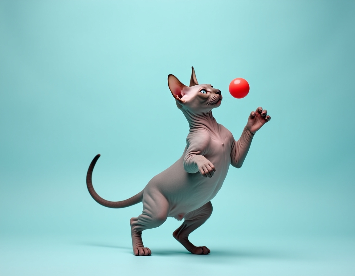 Playful studio photo of cat interacting with a bright red ball. The cat is mid-action with its paw raised, and the pastel blue background and balanced lighting create a cheerful, vibrant atmosphere that highlights the cat’s agility and energy.