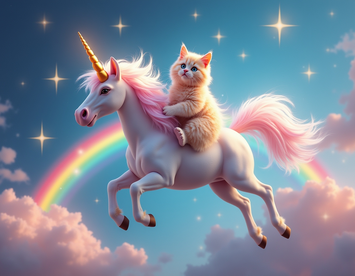 Cat rides a magical unicorn galloping across a rainbow, surrounded by glittering stars and fluffy clouds. The unicorn’s glowing horn creates a dreamy atmosphere.