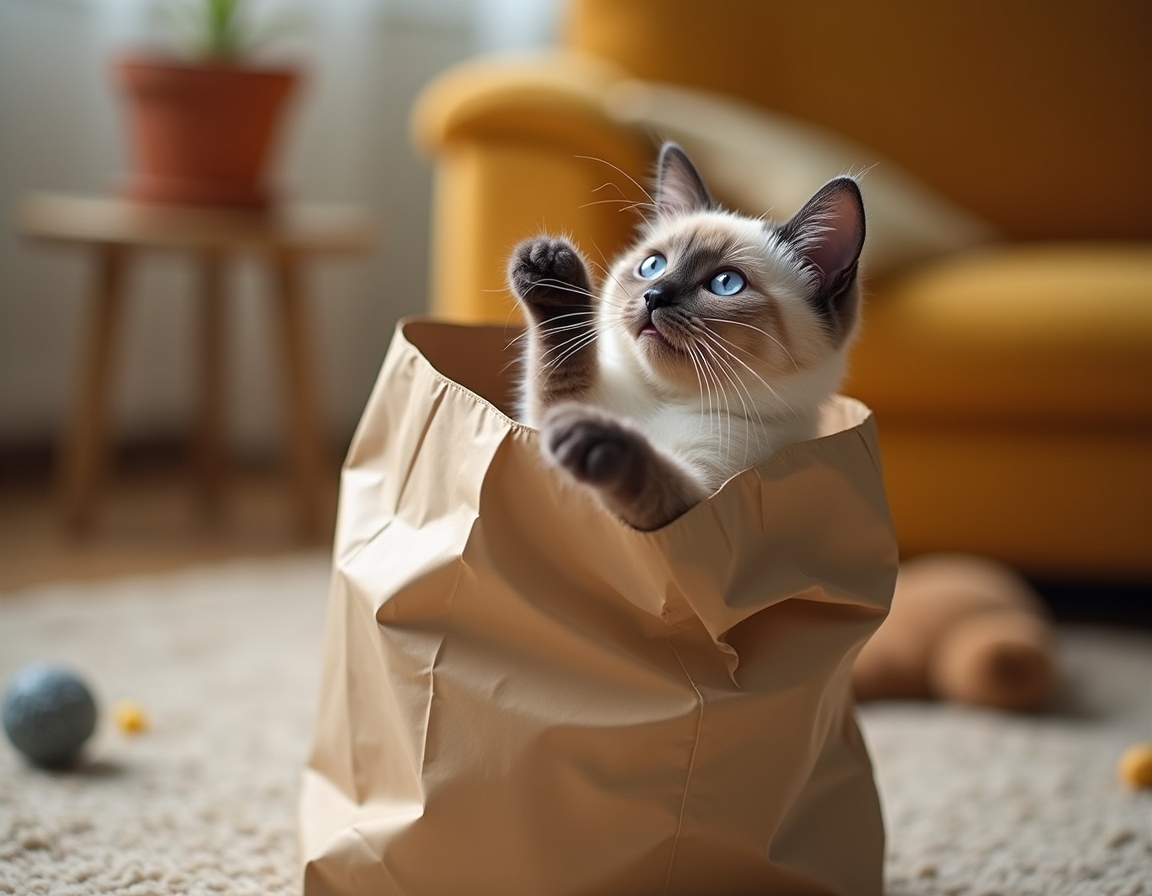 Cat hides partly inside a crumpled paper bag, with its paws playfully batting at the edges. The room features cozy decor with soft lighting and homey furniture.