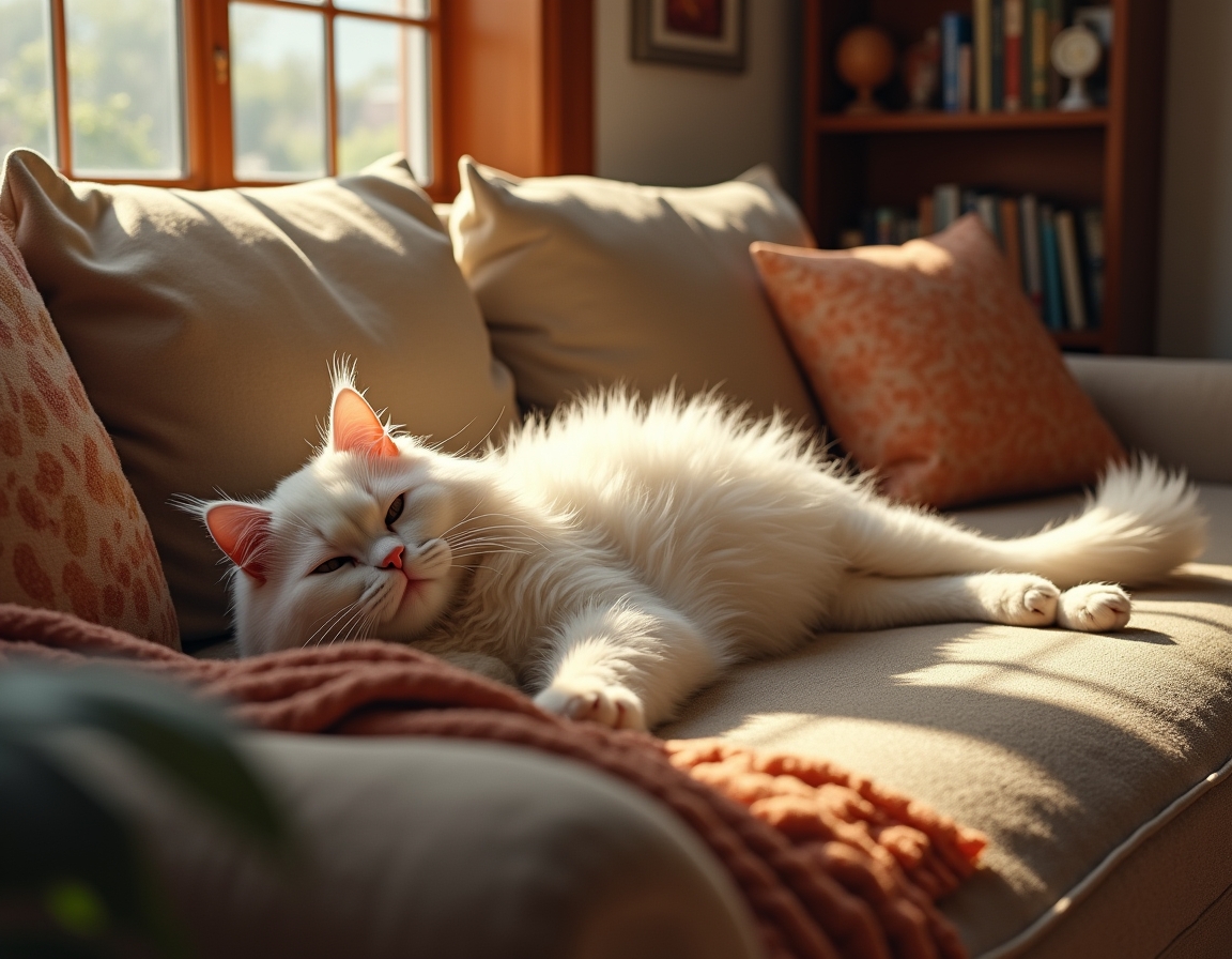 Cat sprawls lazily on a cozy couch, surrounded by decorative pillows and a draped blanket. Soft natural light from a window illuminates its fur, creating a calm, homely atmosphere.