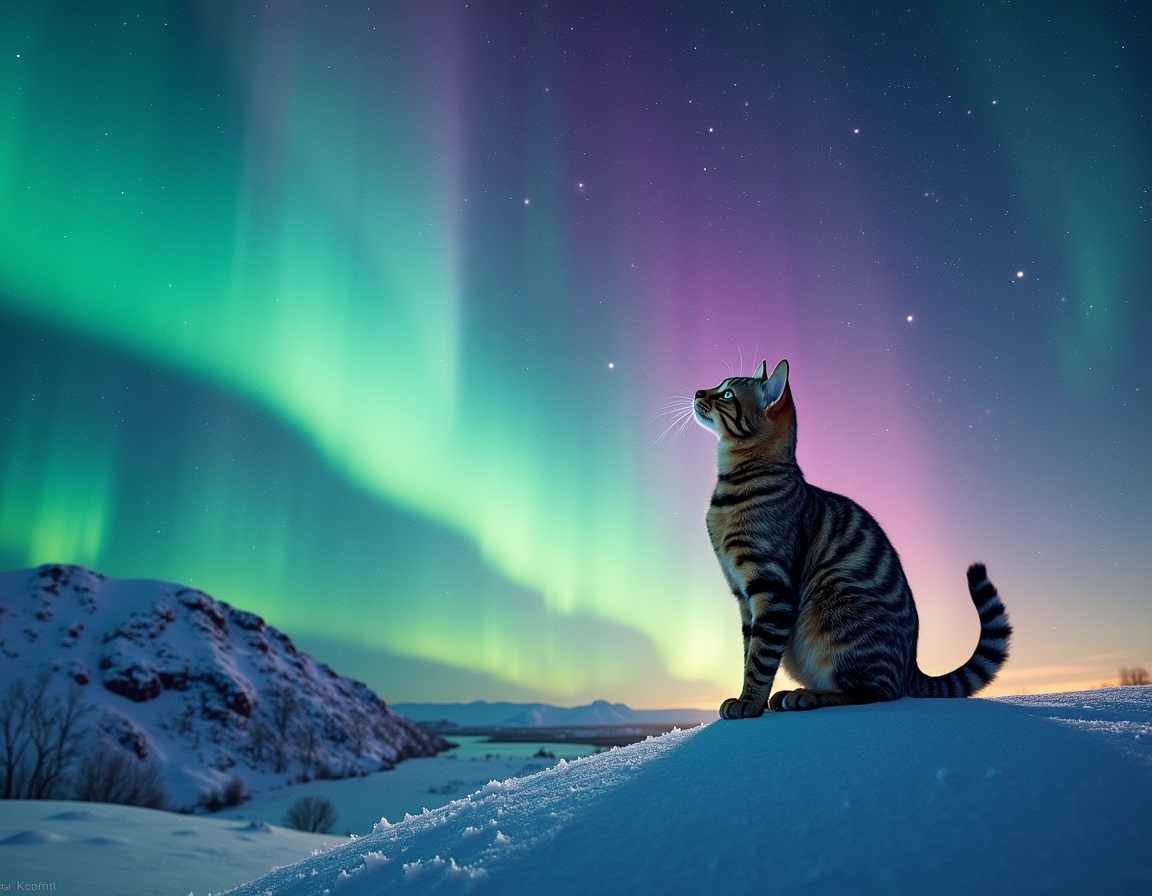 Cat watches in awe as the Northern Lights light up the night sky, casting vibrant colors across the snowy landscape, creating a surreal and magical winter adventure.