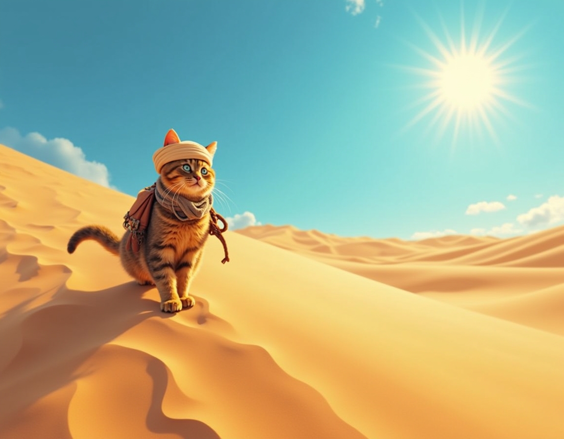 Cat crosses vast desert dunes, guided by the sun’s relentless heat and the promise of hidden oases. The scene is filled with swirling sand, vibrant skies, and an air of adventurous determination.