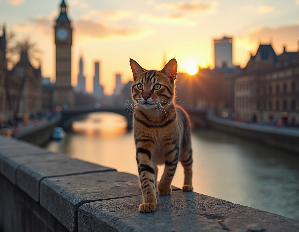 Cat explores a scenic urban bridge, taking in the breathtaking views of the skyline.
